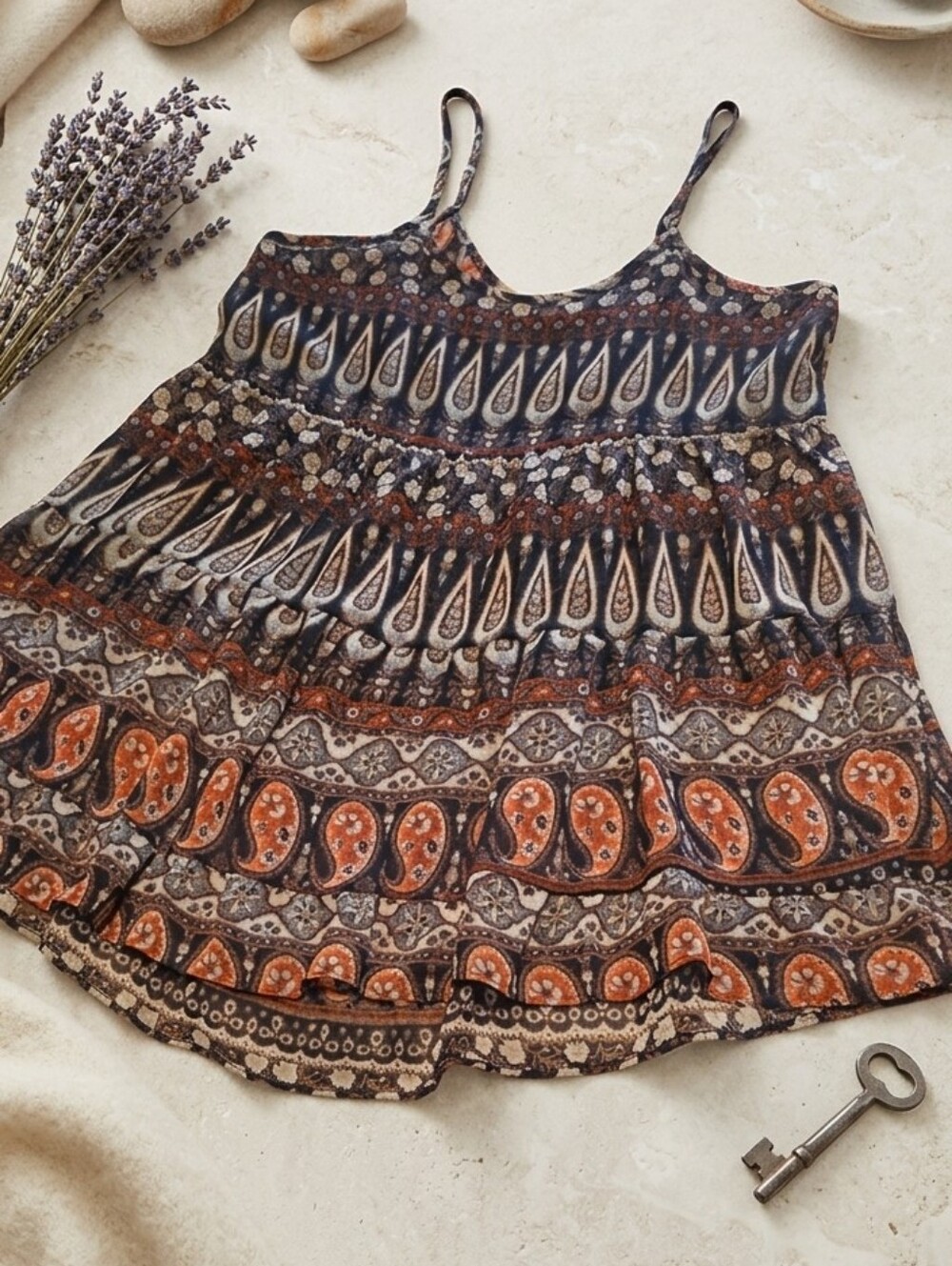 audrey Multicolor Floral Paisley Print Top in Black and Rust